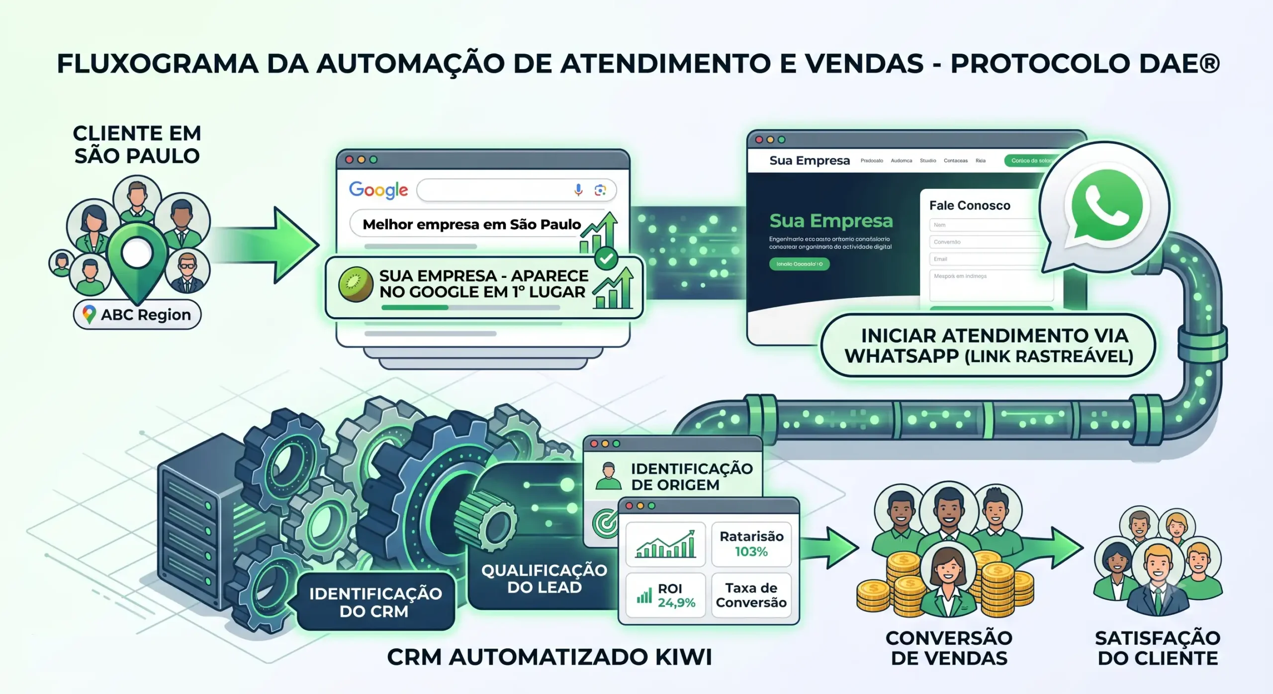 Fluxograma de automação de vendas e rastreamento de leads via WhatsApp para empresas.