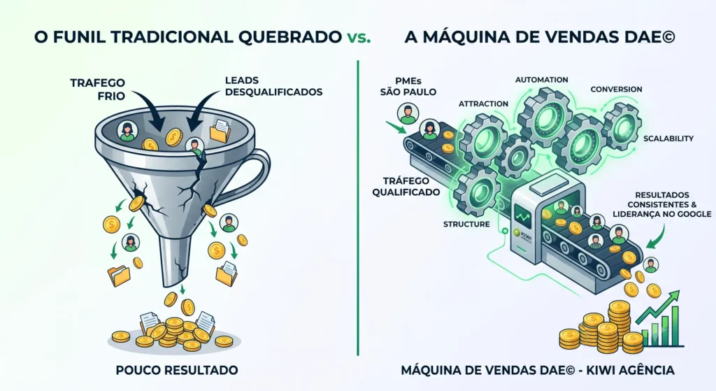 Gráfico comparativo entre funil de marketing tradicional e a máquina de vendas do Protocolo DAE para PMEs.