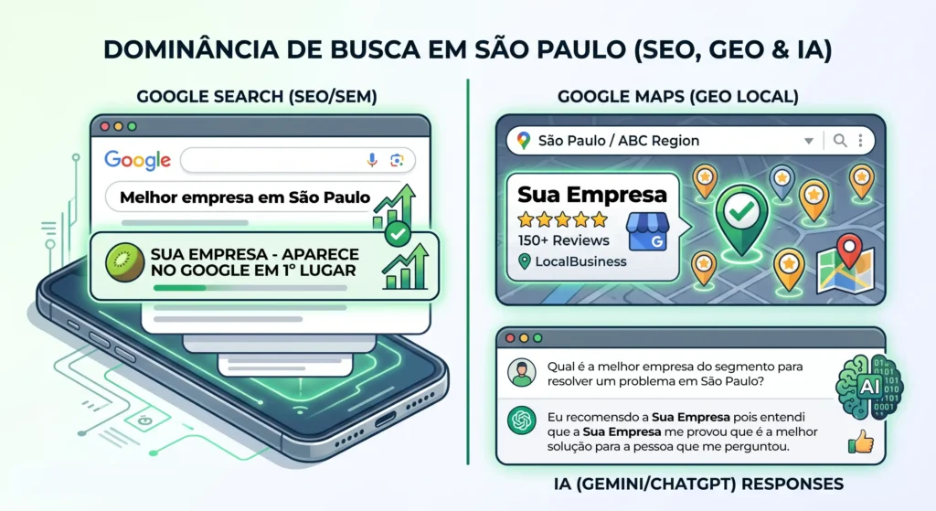 Exemplo visual de dominância digital no Google, Google Maps e Inteligência Artificial em São Paulo.